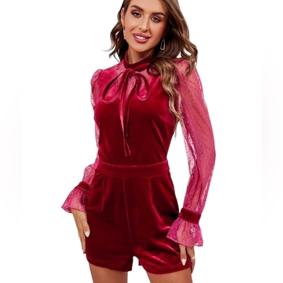 Anthropologie Pants - NWT Anthropologie Endless Rose Velvet and Lace Romper Wine Size S